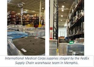 International Medical Corps supplies staged by the FedEx Supply Chain warehouse team in Memphis.