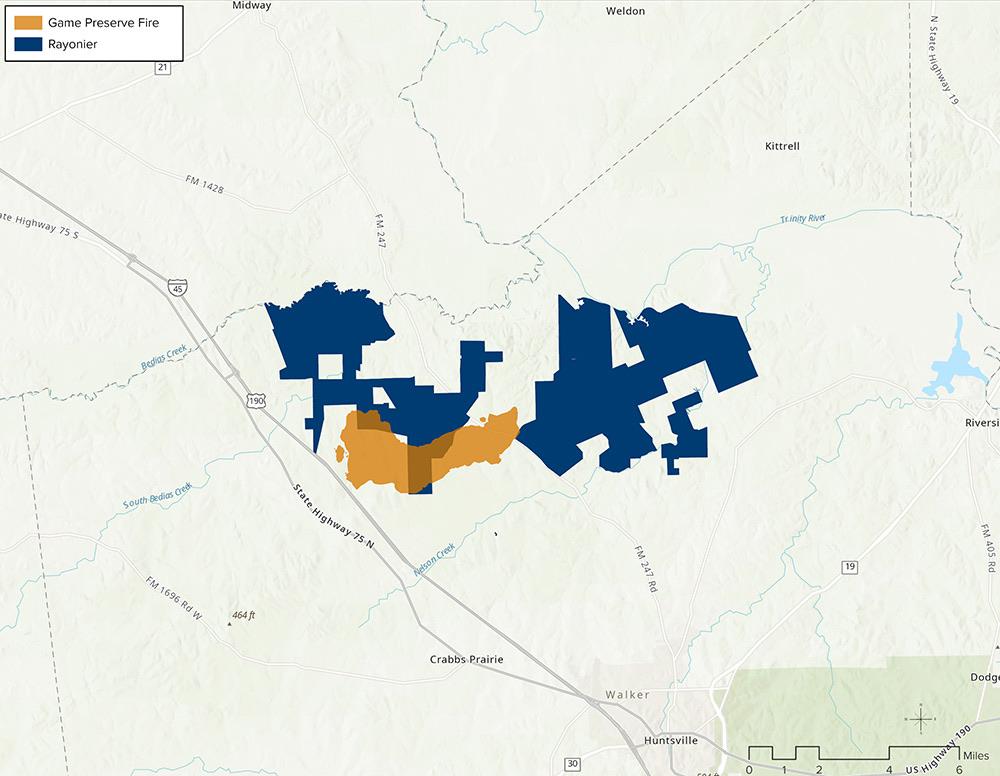A map showing the area affected by the wildfires in orange. The blue compartments are Rayonier properties.