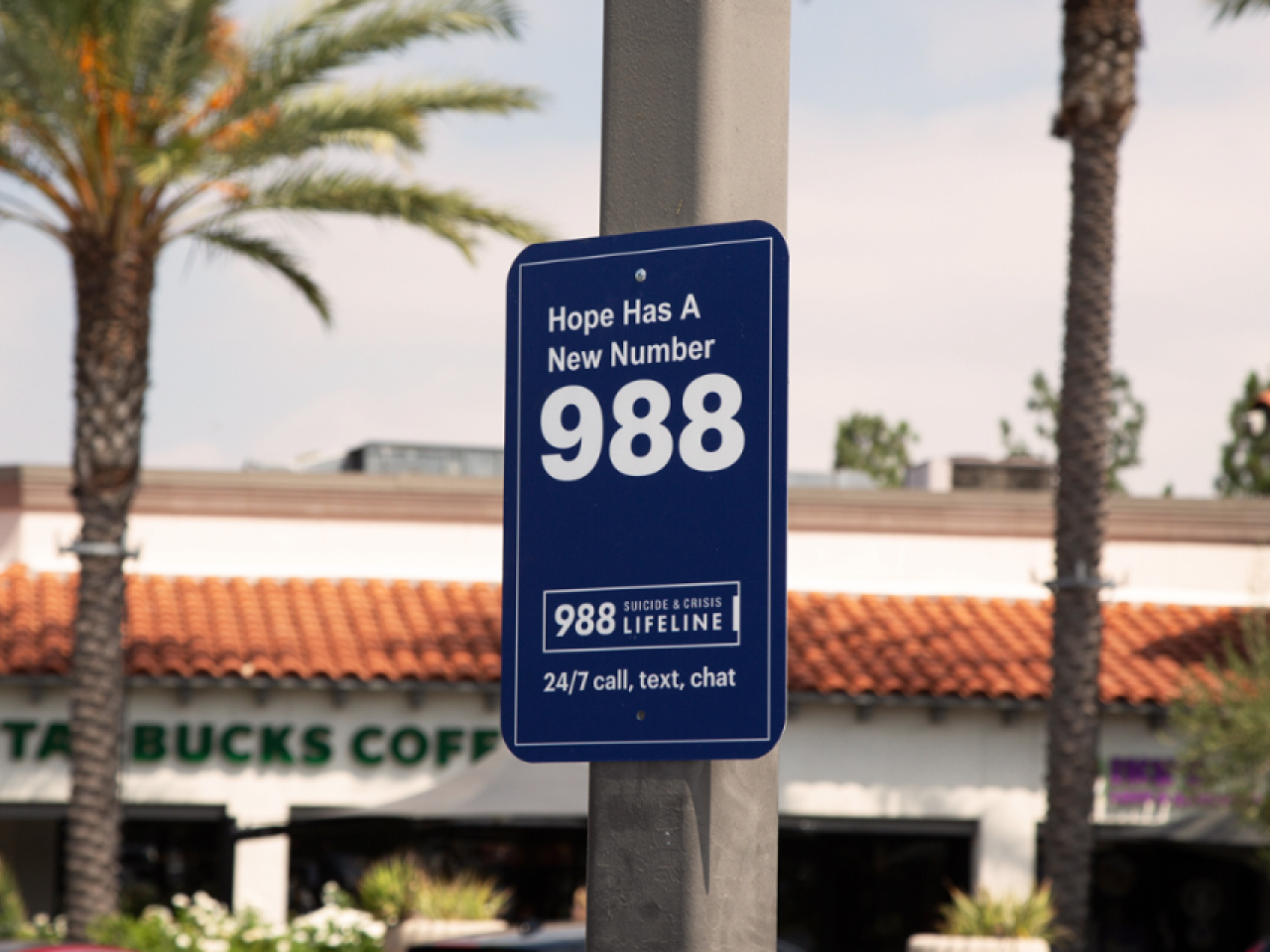 blue 988 sign with palm trees in the background