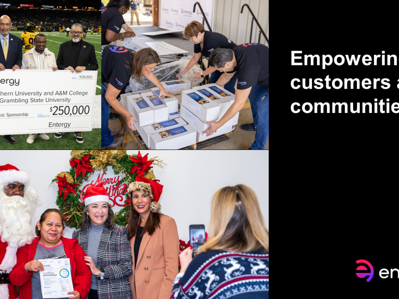 Collage of people holding a large check, volunteers moving boxes, and people posed with Santa. "Empowering our customers and communities."