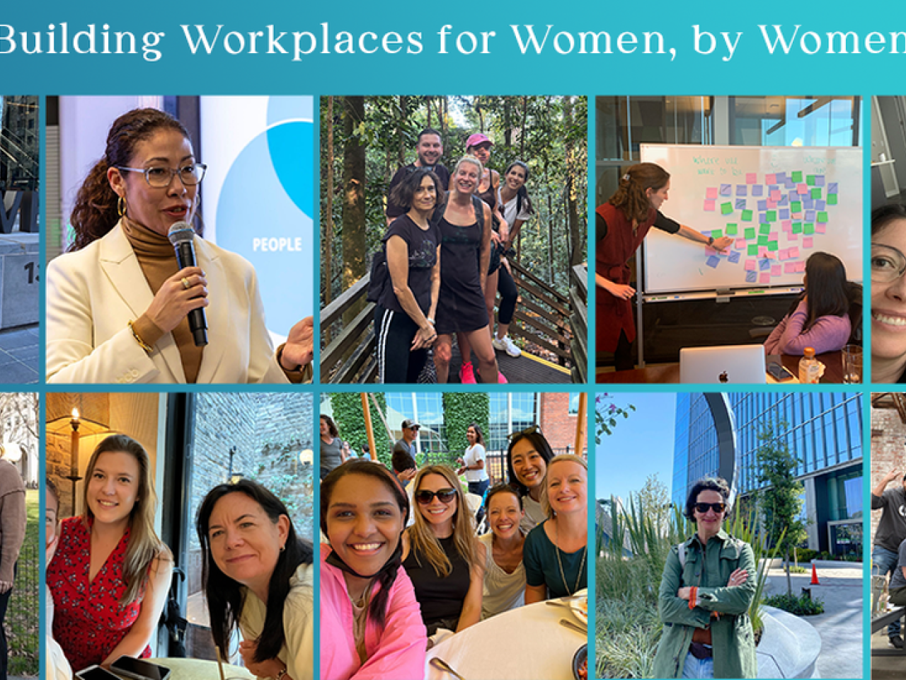 "Building Workplaces for Women, by Women" with collage of women
