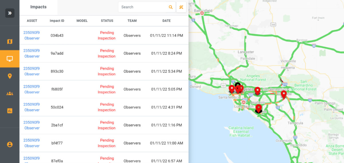 Map and chart showing detection nodes which are points that transit data back to show vehicle location to traffic management. 