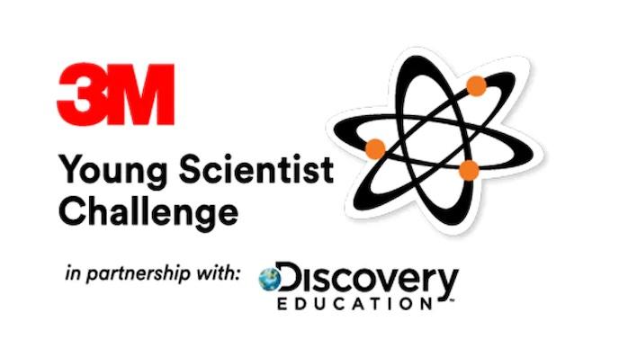 3M Young Scientist Challenge; In partnership with Discovery Education. 3M logo in red and image of an atom.