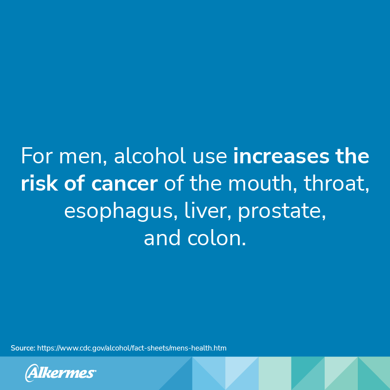 "For men, alcohol use increases the risk of cancer of the mouth, throat, esophagus, liver, prostate, and colon."