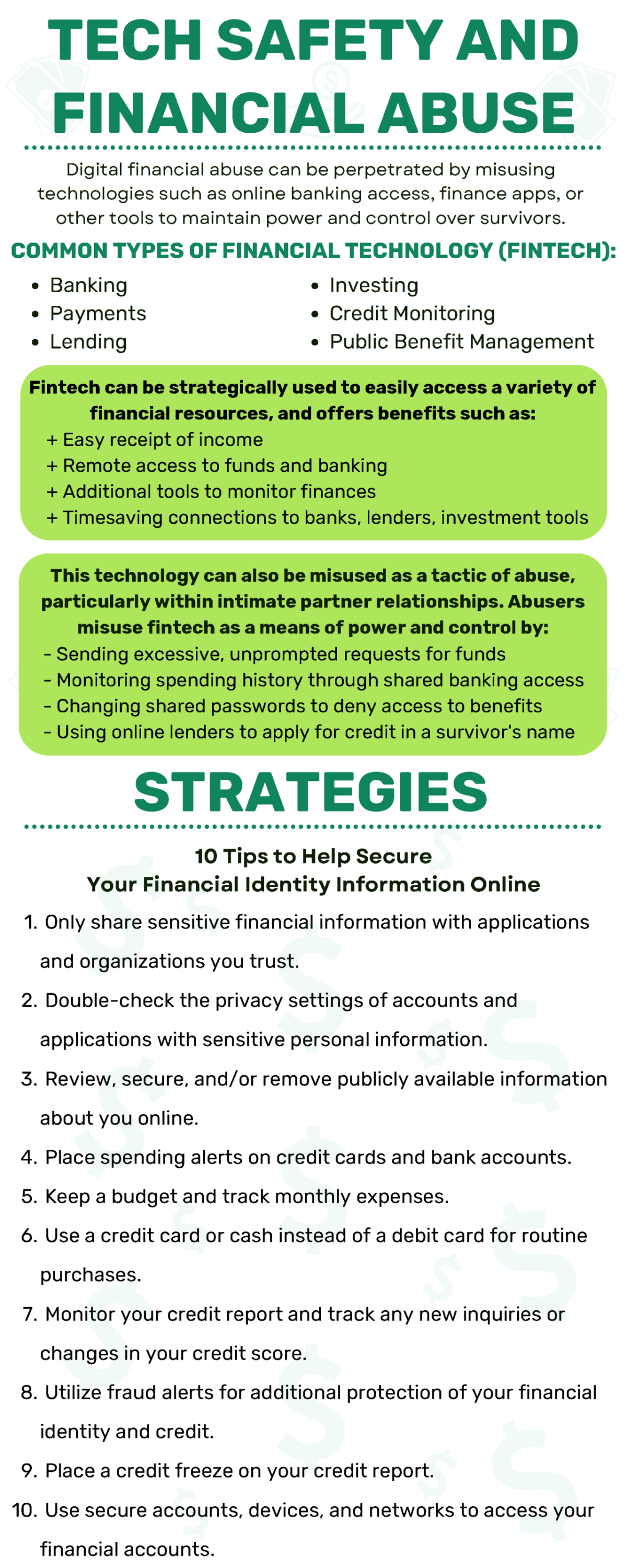 Infographic showing 10 crucial tips to help survivors safeguard their financial information online.