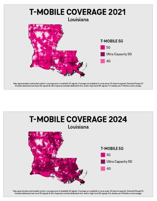 Side by side maps "T-Mobile coverage 2021 and 2024" in Louisiana. Different colors representing different coverage levels.