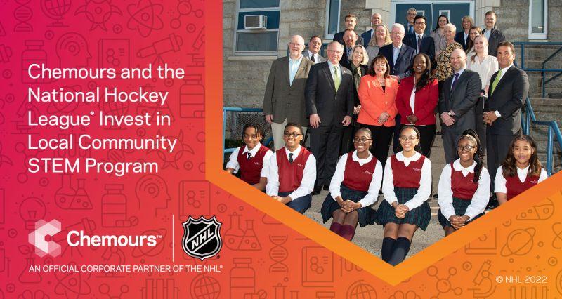 group of adults above, line of students in uniform below, with text" Chemours and the National Hockey League Invest in Local Community STEM Program"
