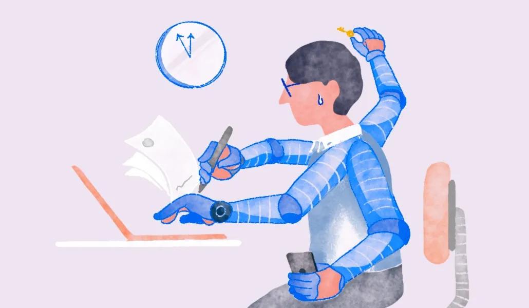 Colored sketch of a person at a desk with multiple robotic arms. One typing on a laptop, one using a phone, one writing on paper.