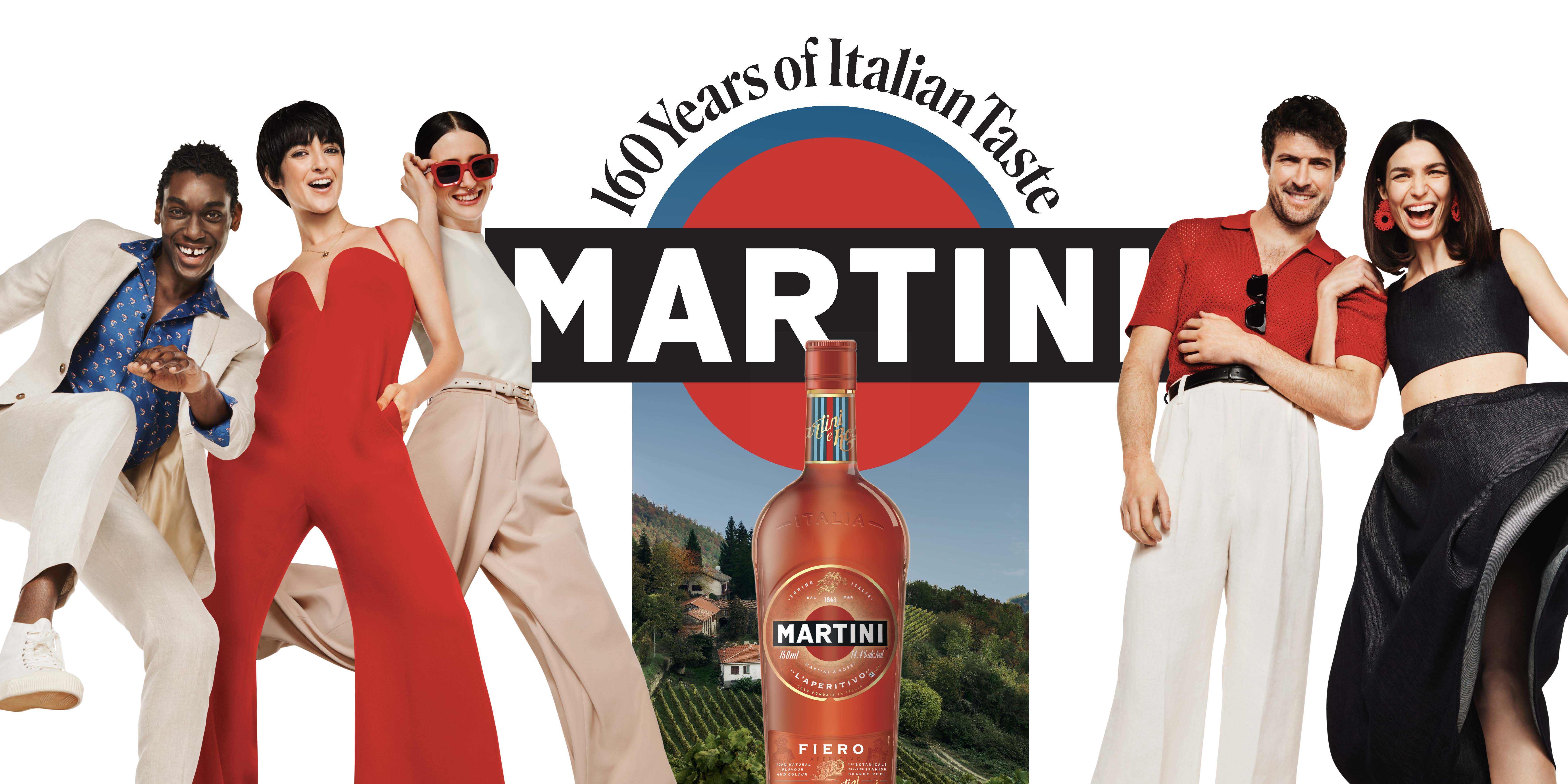 People smiling and laughing surrounding the Martini logo and bottle.