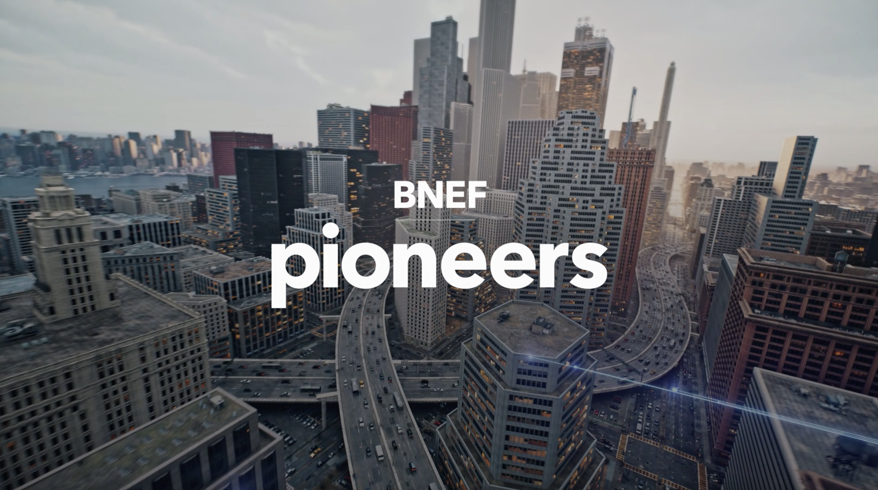 Cityscape with the words, "BNEF pioneers" superimposed