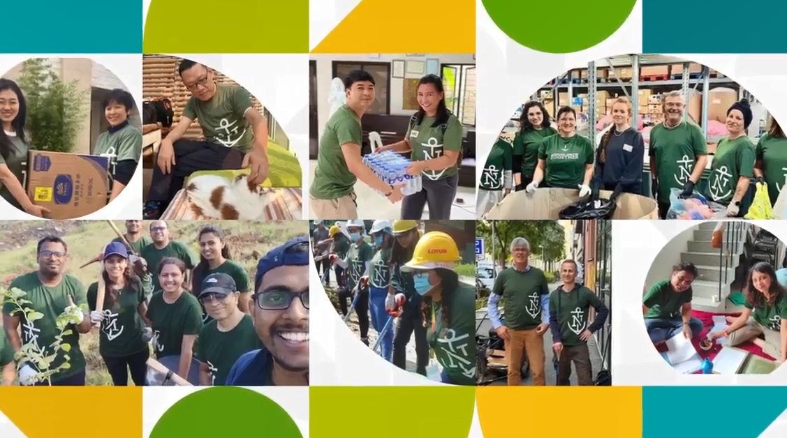 Collage of groups of volunteers in matching shirts doing activities.