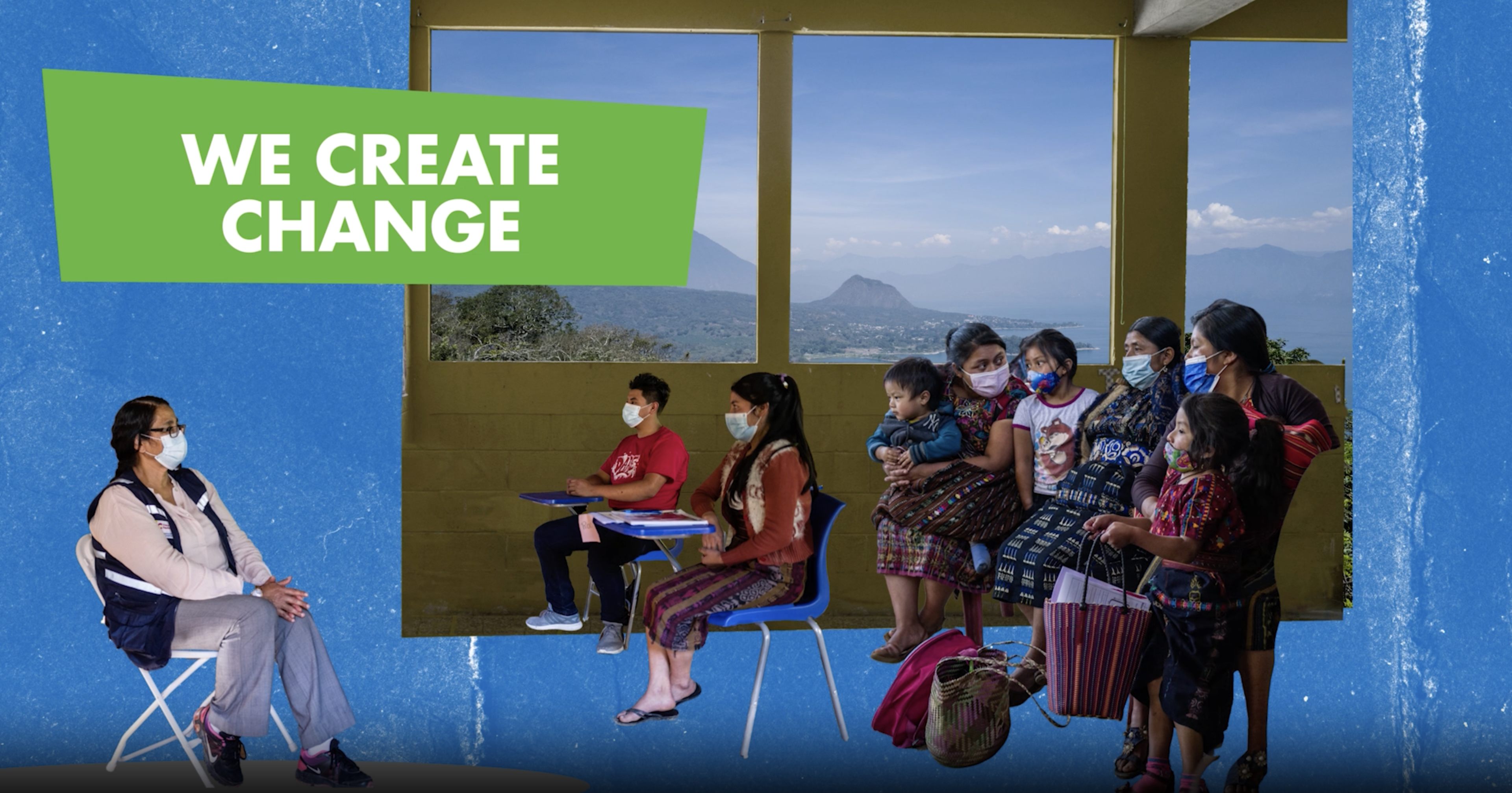 "We create change" people sat on chairs