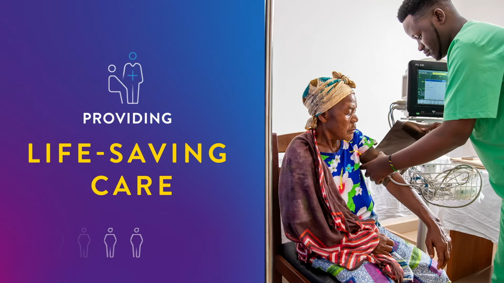 A person sat on a chair while a health professional checks their blood pressure 