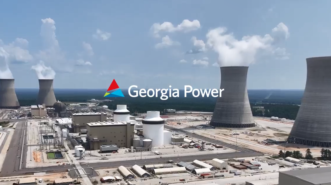 "Georgia Power" over an aerial view of a nuclear power plant.