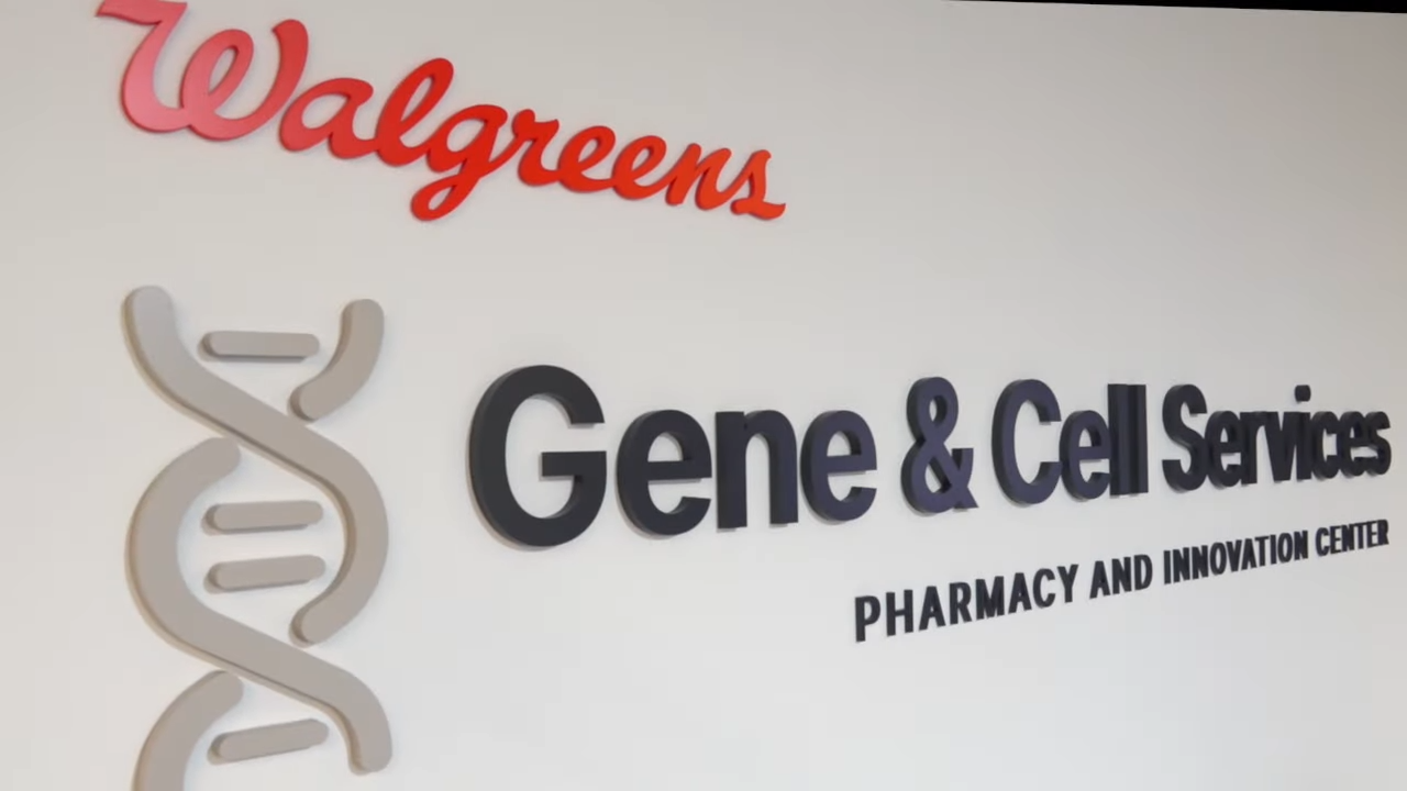 Text on a wall that reads " Gene & Cell Services Pharmacy and Innovation Center"