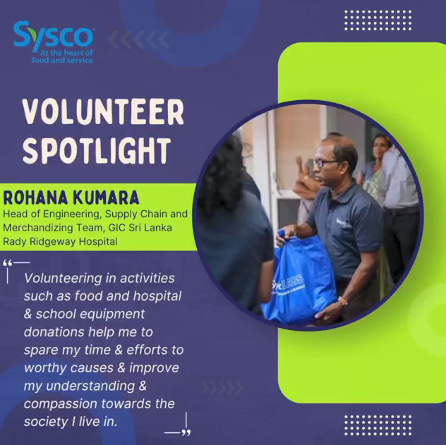 "Volunteer Spotlight Rohana Kumara" with title and quote next to Rohana handing off a bag to another.