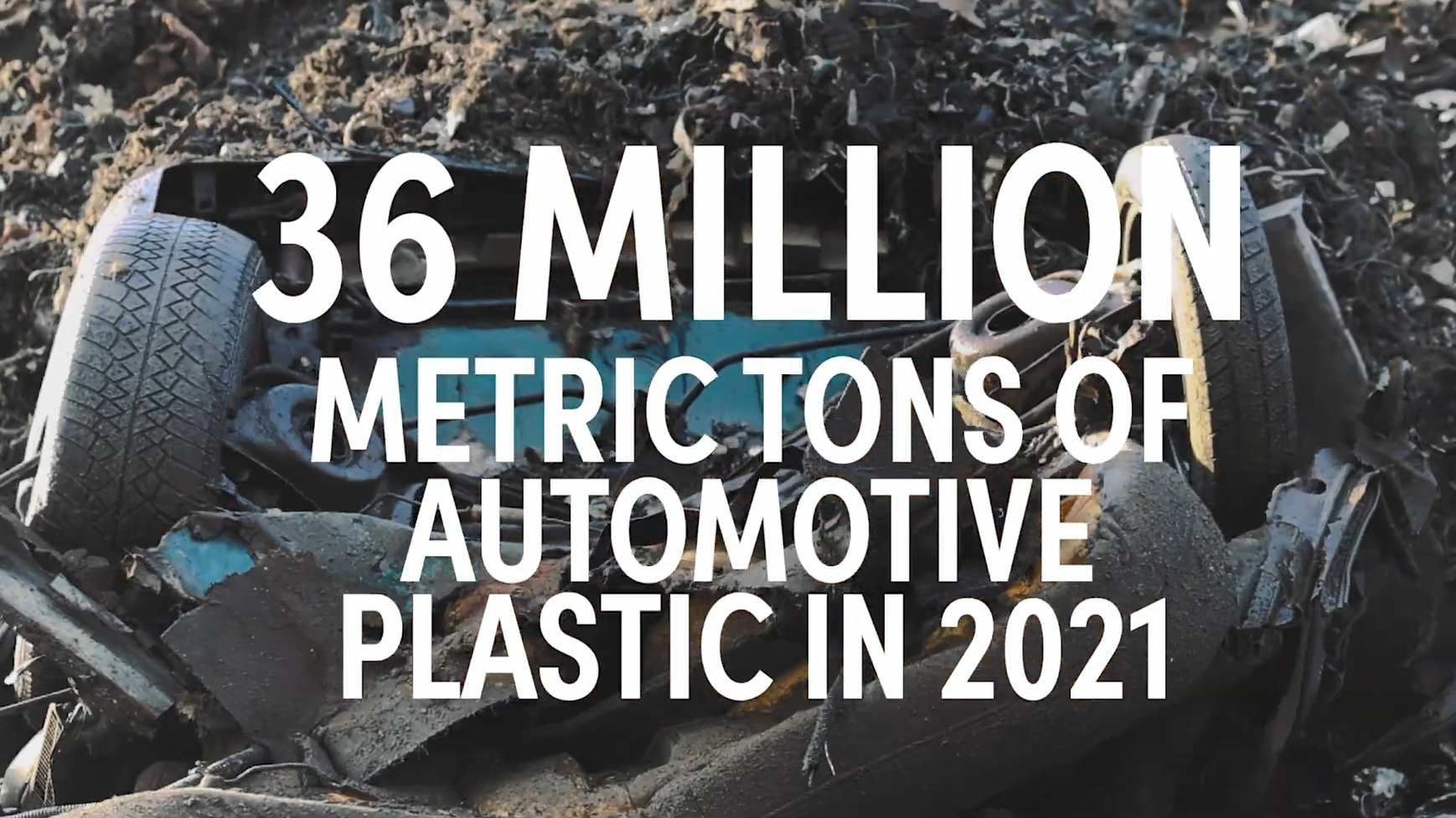 "36 million metric tons of automotive plastic in 2021" over a background of a landfill