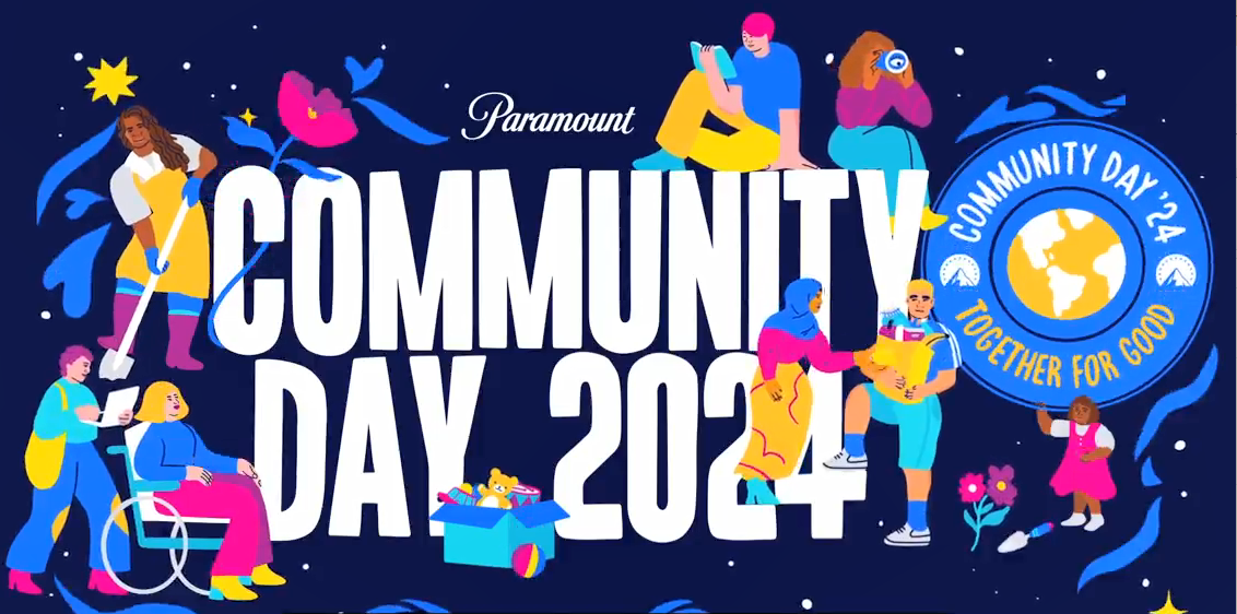 "Community Day 2024" with colorful drawings of people, flowers, boxed items.