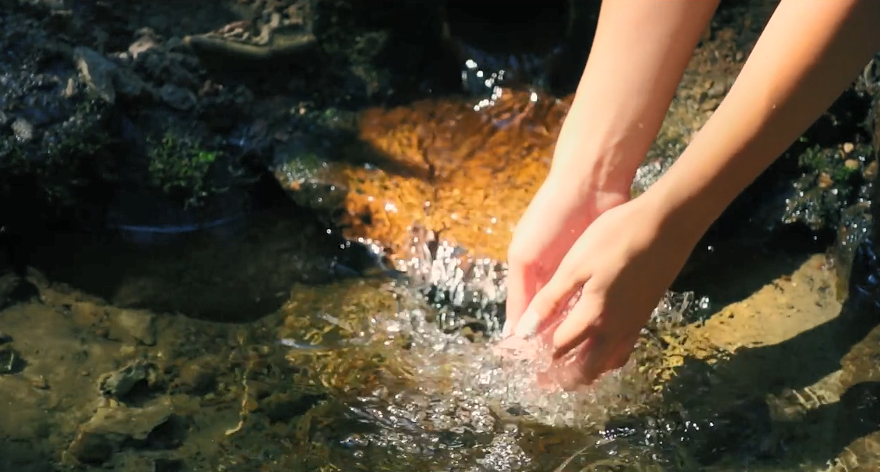 Two hands scooping up water from a stream.