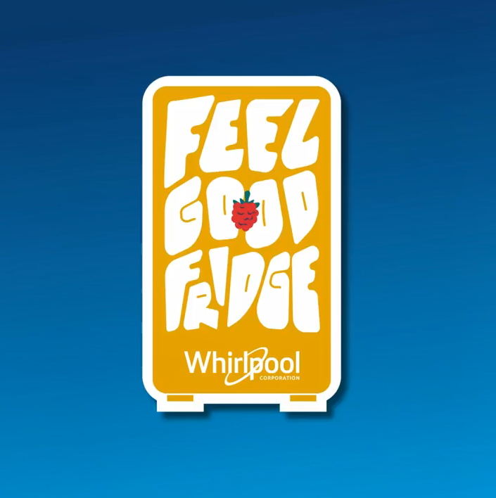"Feel Good Fridge" and whirlpool logo inside an orange refrigerator shape.
