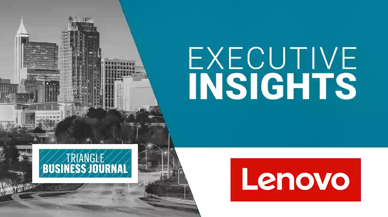 "Executive Insights" and Lenovo logo. On the left a sliced black and white elapsed city landscape.