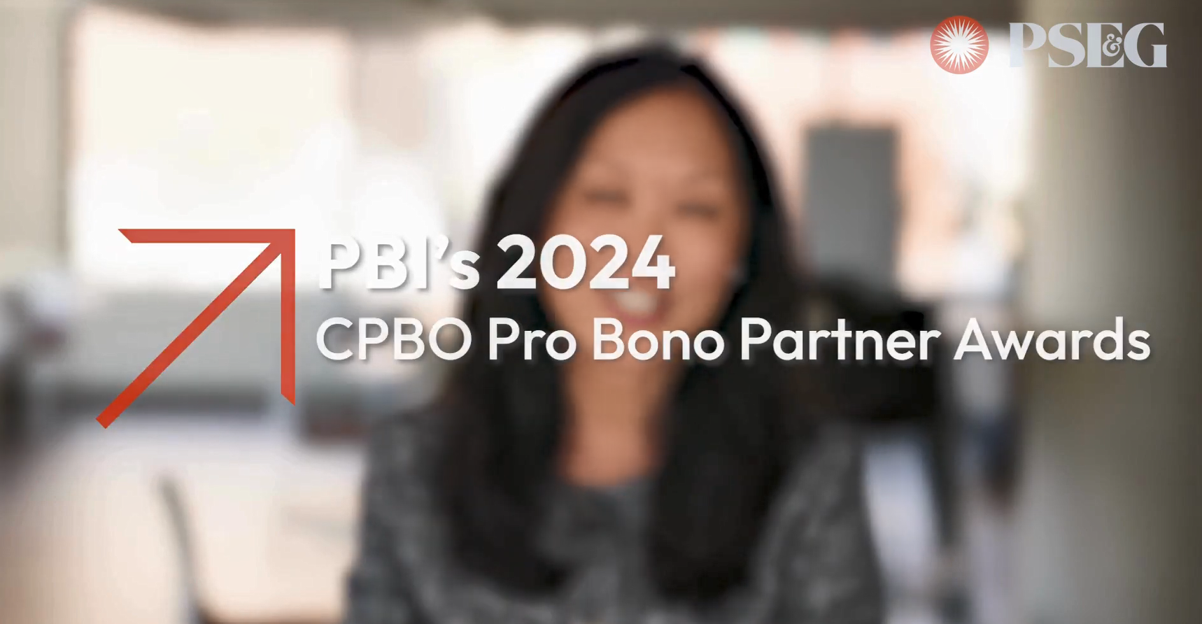 "PBI's 2024 CPBO Pro Bono Partner Award" over a blurred in age of a person.