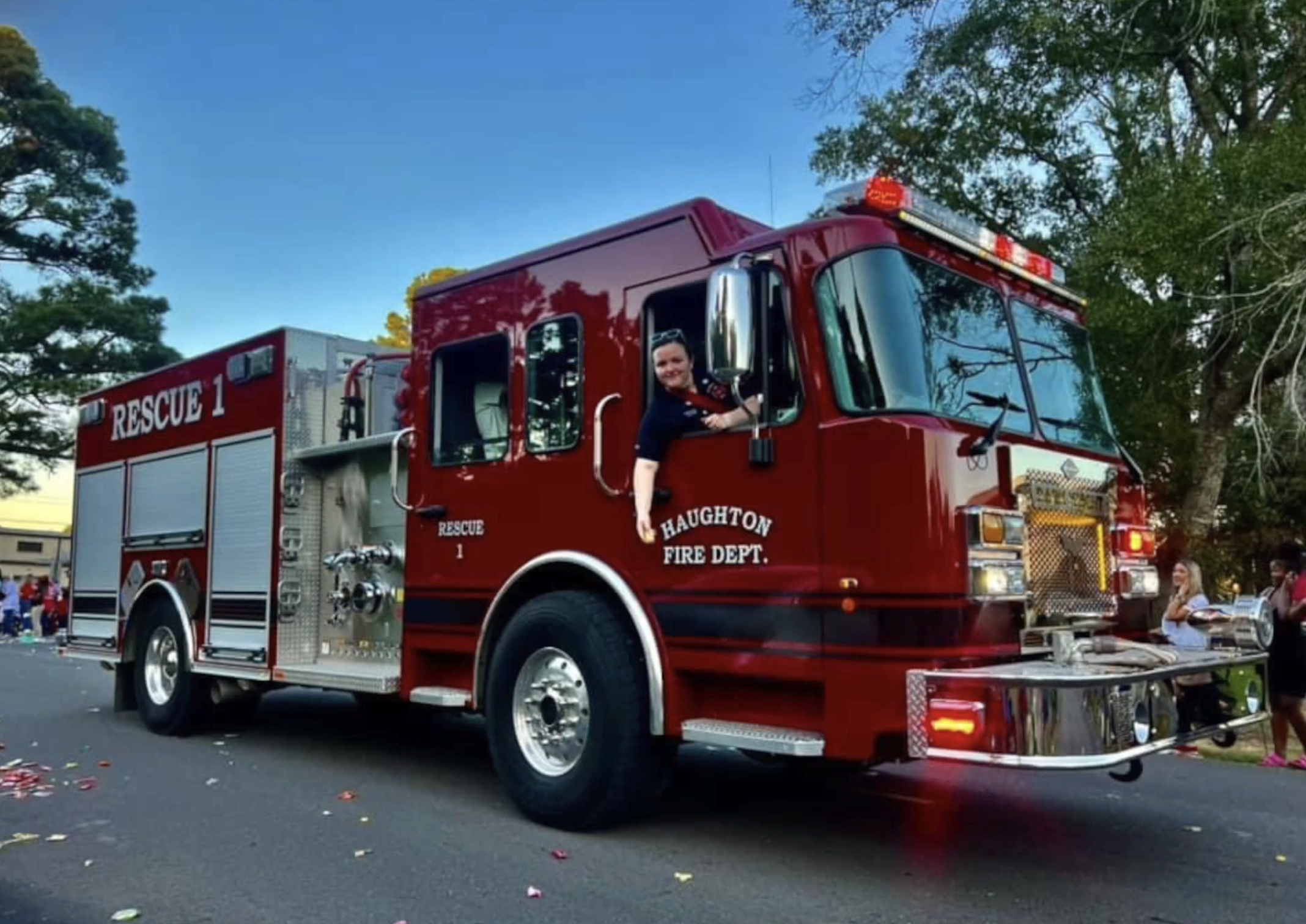 Kay Goke in fire truck