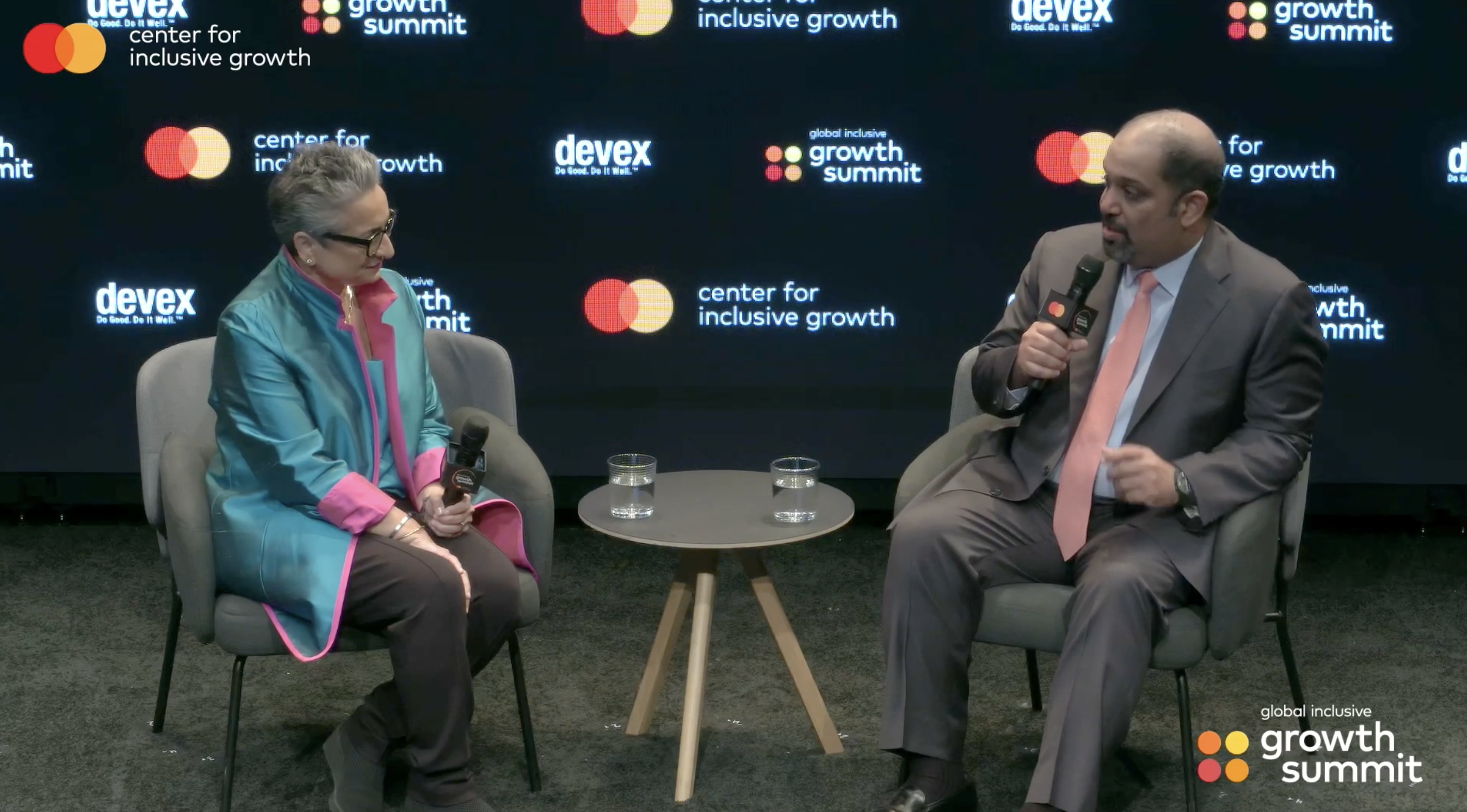 H.E. Salman Al Khalifa, Minister of finance and national economy, Kingdom of Bahrain speaking with Shamina Singh, Founder & president, Mastercard Center for Inclusive Growth