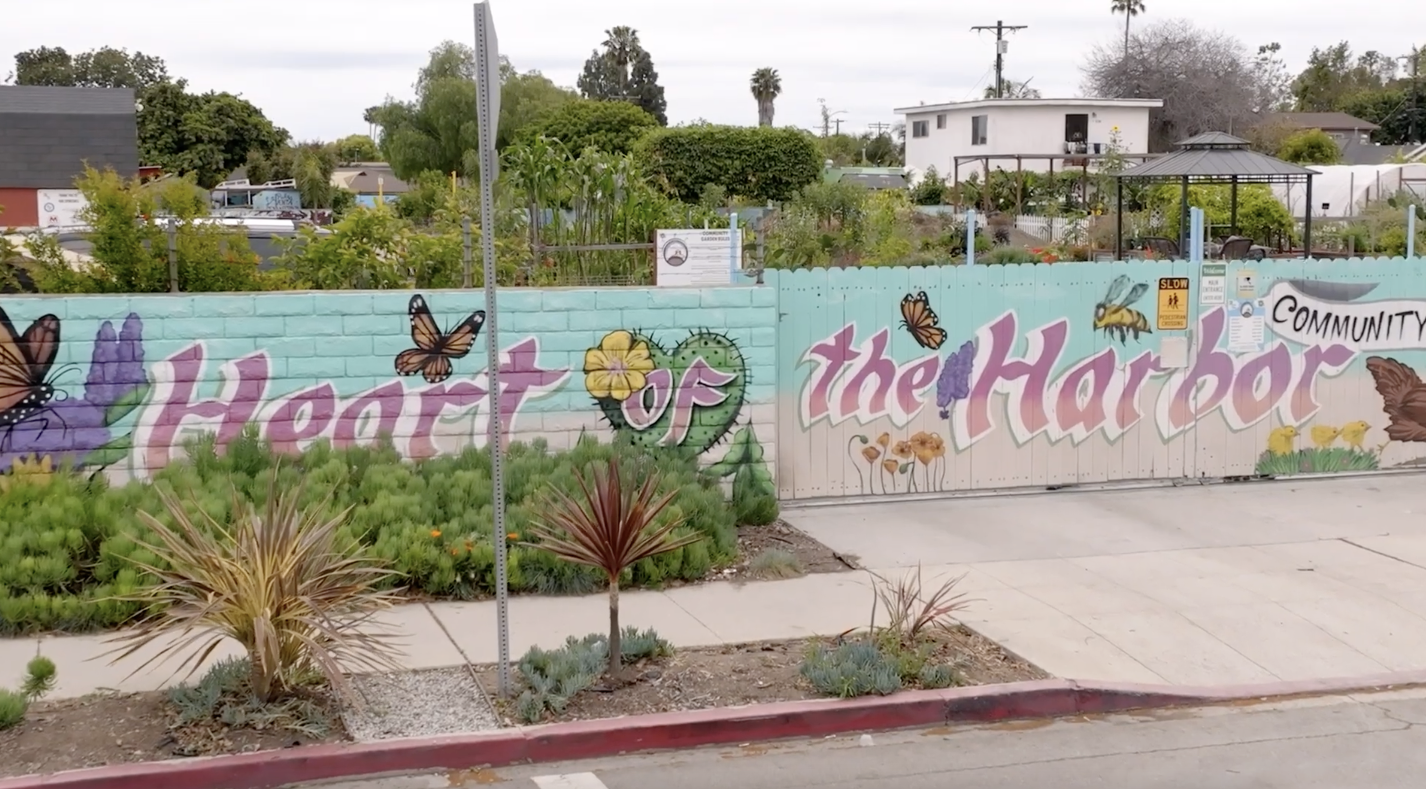 A view from outside the Heart of the Harbor urban farm in Wilmington, California. Marathon Petroleum’s Los Angeles refinery has supported the space since it opened to the community in 2022.