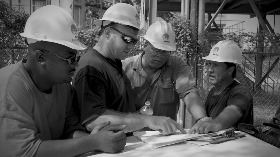 4 people in hardhats looking at papers
