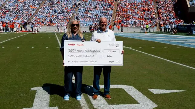 Two people holding an oversized check