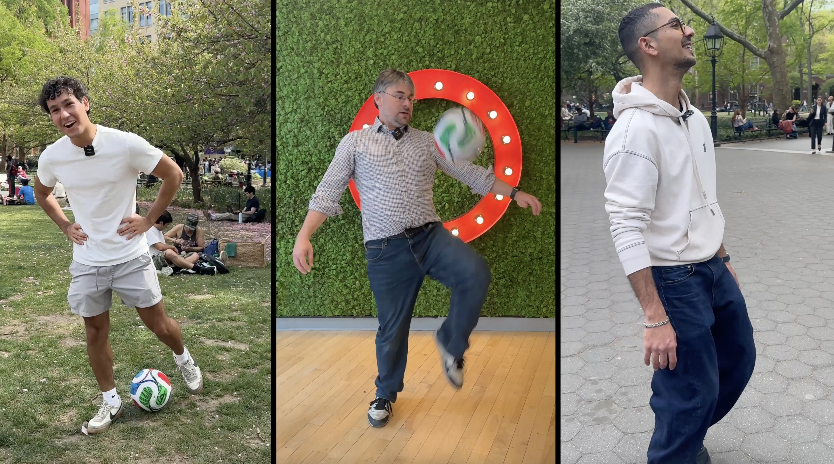 Three images of people playing with a soccer ball