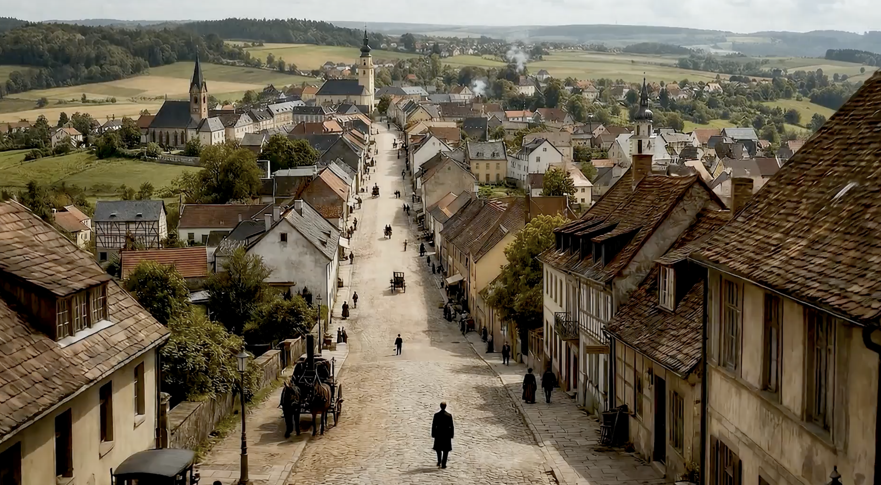 people walking down a village street