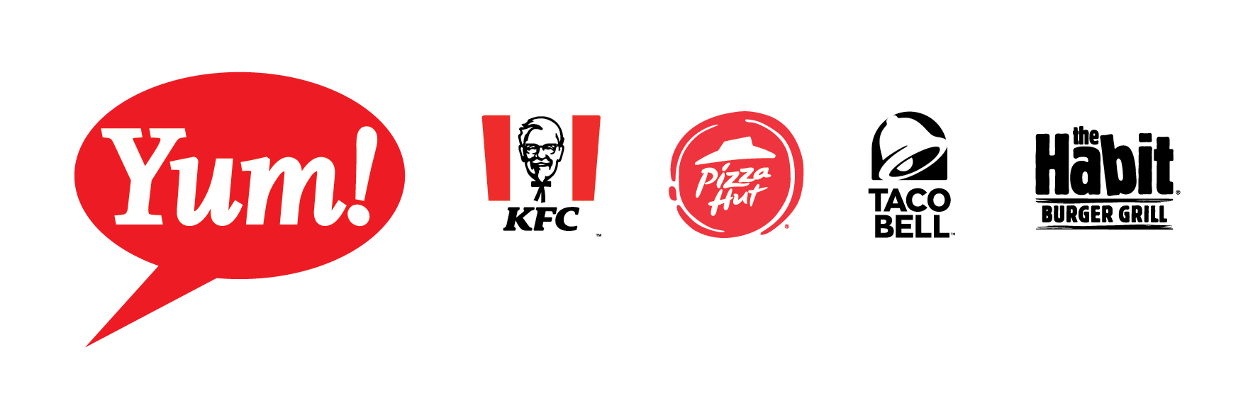 Yum! Brands, KFC, Pizza Hut, Taco Bell, and Habit Burger Grill logos