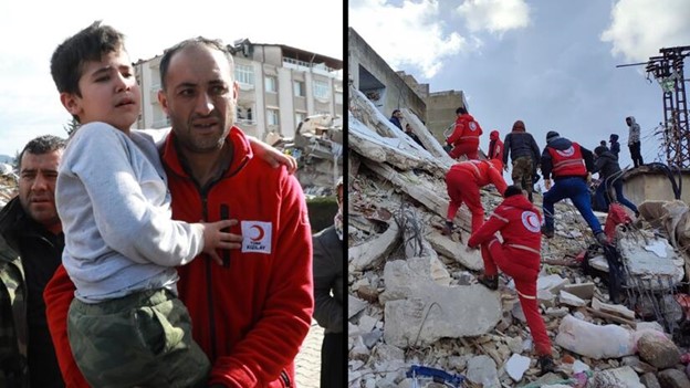 Collage of two photos. Left a child is carried by an adult in a Red Crescent jacket, rubble behind them. On the right a crew of Red Crescent volunteers climbing the rubble of a fallen building.