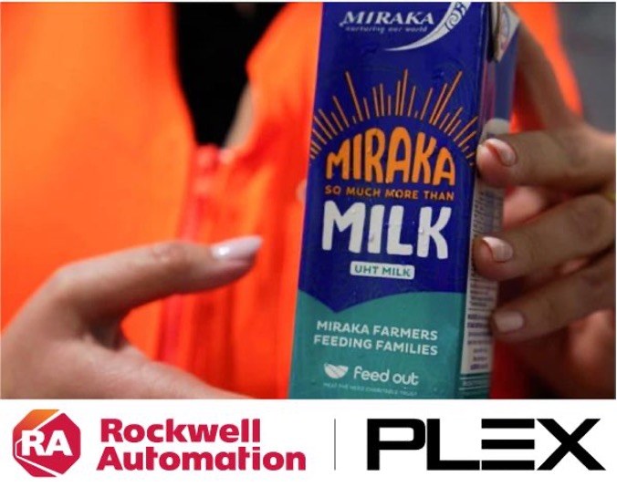 Hands holding container of Miraka Milk with Rockwell and PLEX logos below