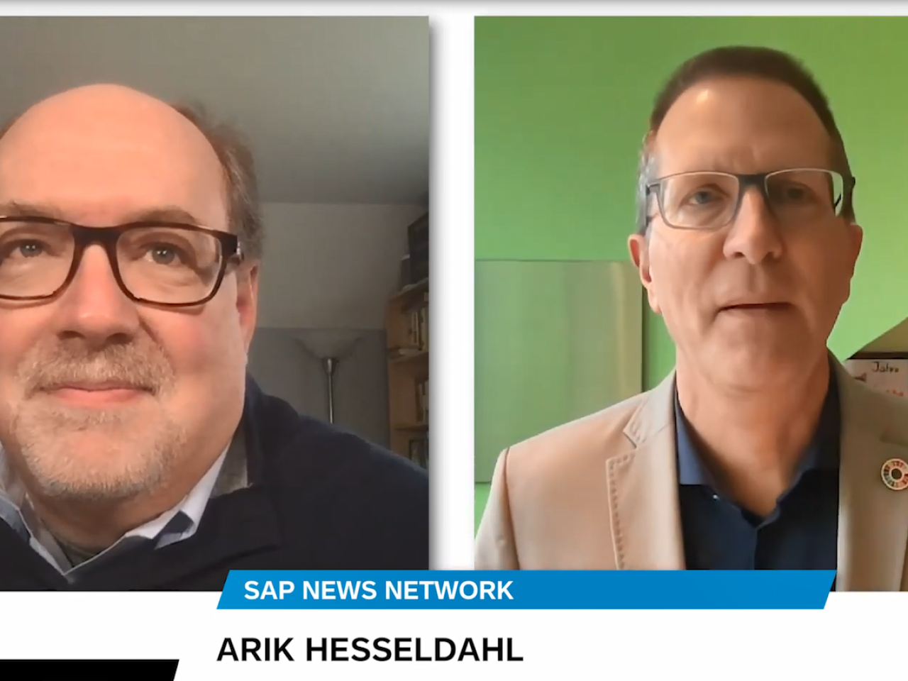 Split screen of two people, Arik Hesseldahl on the right, talking in a virtual meeting.