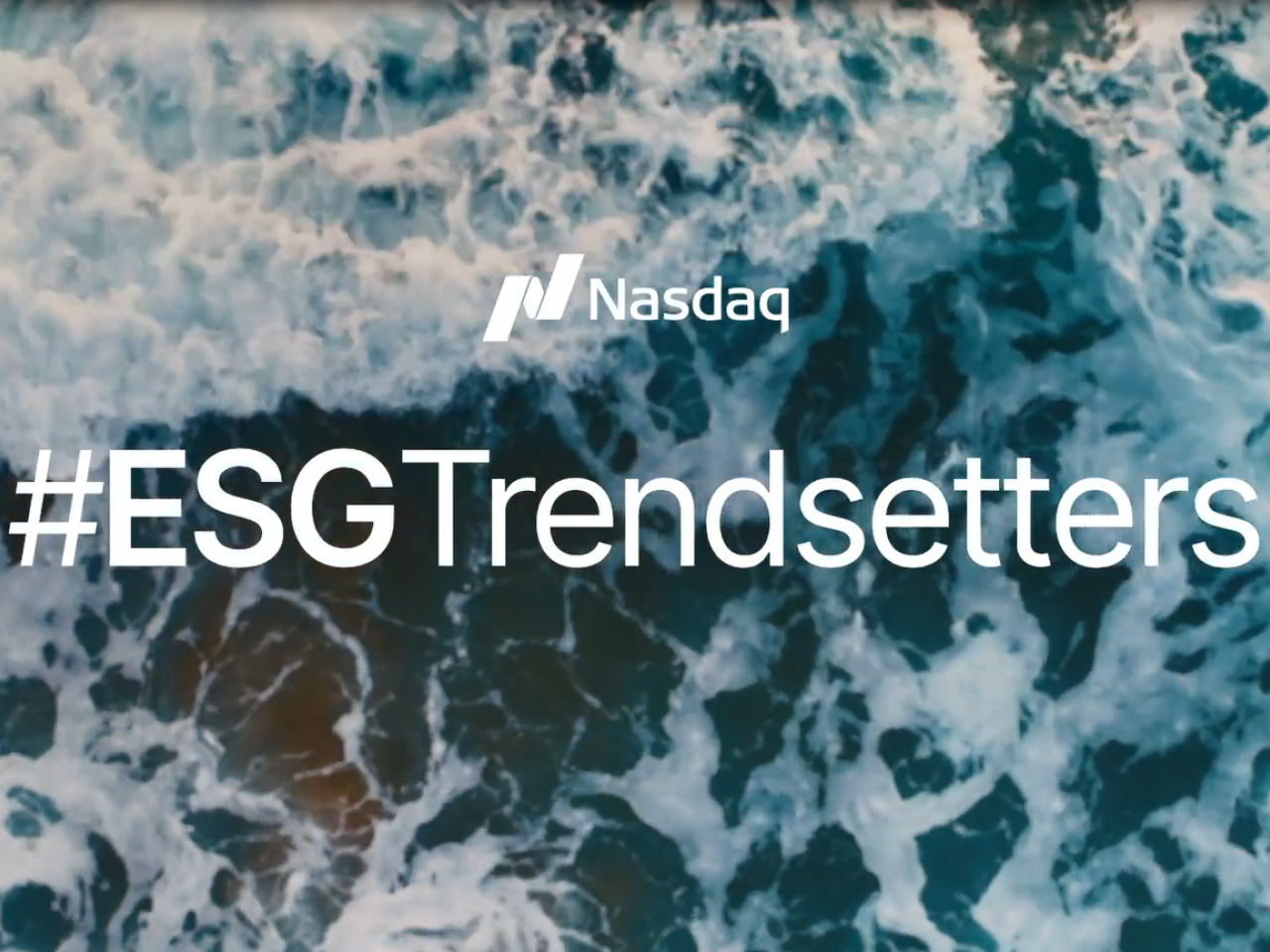 Nasdaq logo and "#ESG Trendsetters" over a background of crashing waves on a beach.