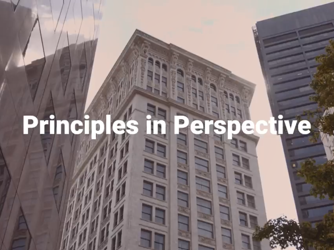 "Principles in Perspective" on top of tall buildings tight together.