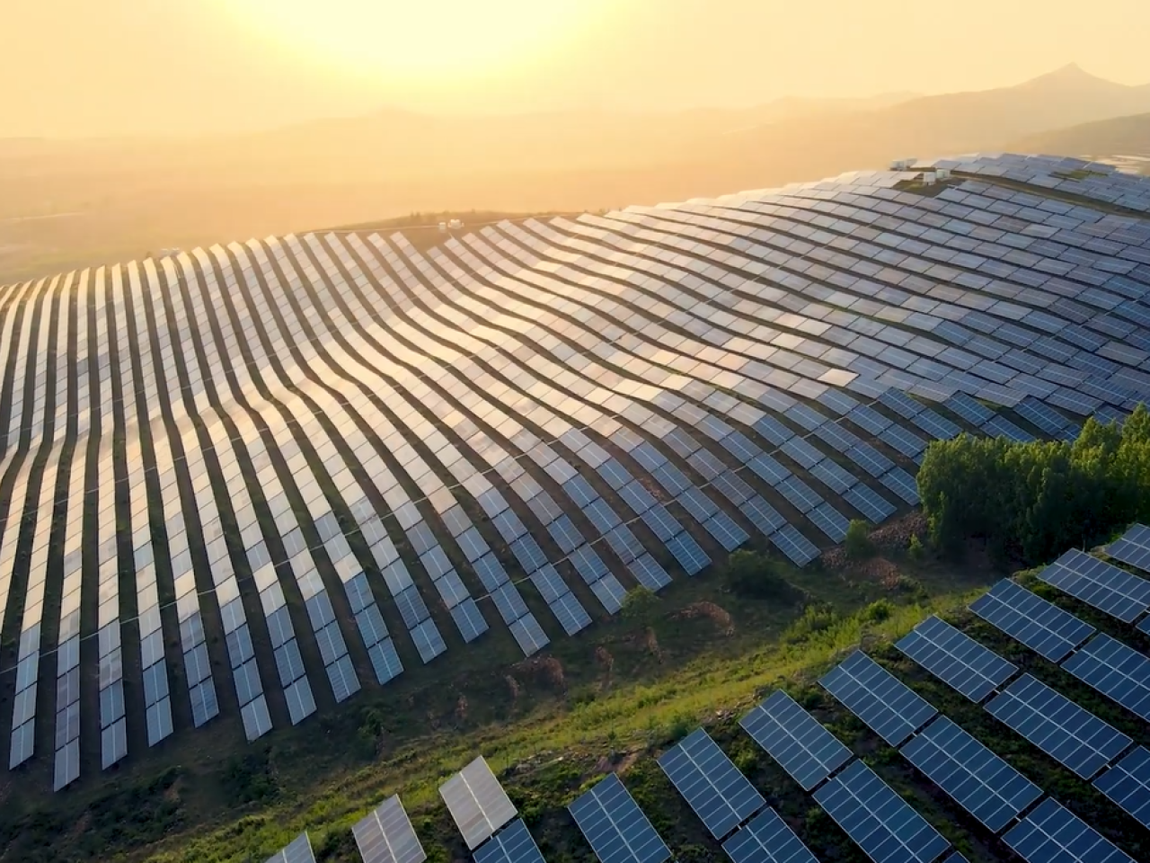 Aerial view of a large solar field.