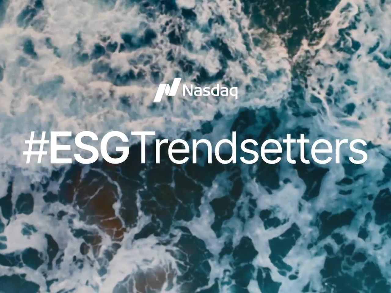 Nasdaq logo and ESG Trendsetters over a background of crashing waves.