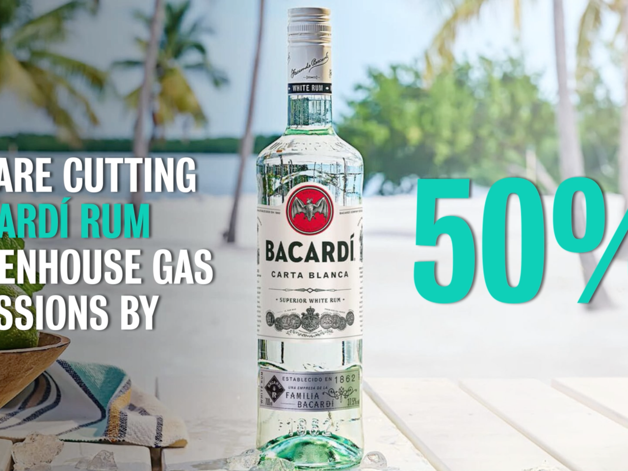 Bacardi rum bottle on a beach