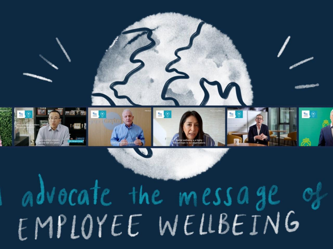 Collage of people in a virtual meeting over a rough sketch of the earth and "advocate the message of employee wellbeing."