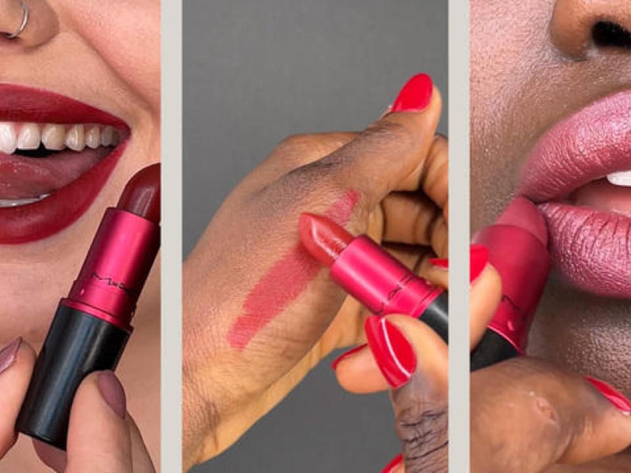 Three images of lipsticks being applied to lips and swatched on a hand.