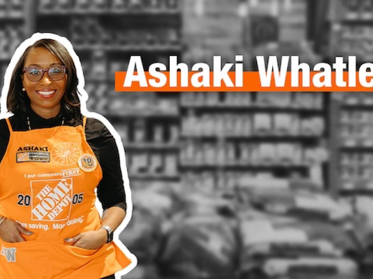 Ashaki Whatley, The Home Depot, shown smiling and wearing an orange apron.
