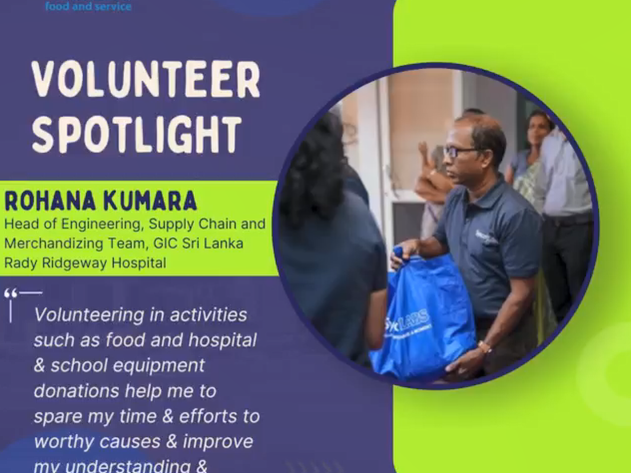 "Volunteer Spotlight Rohana Kumara" with title and quote next to Rohana handing off a bag to another.