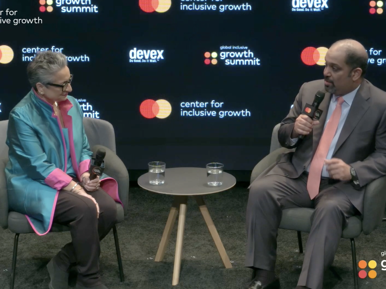 H.E. Salman Al Khalifa, Minister of finance and national economy, Kingdom of Bahrain speaking with Shamina Singh, Founder & president, Mastercard Center for Inclusive Growth