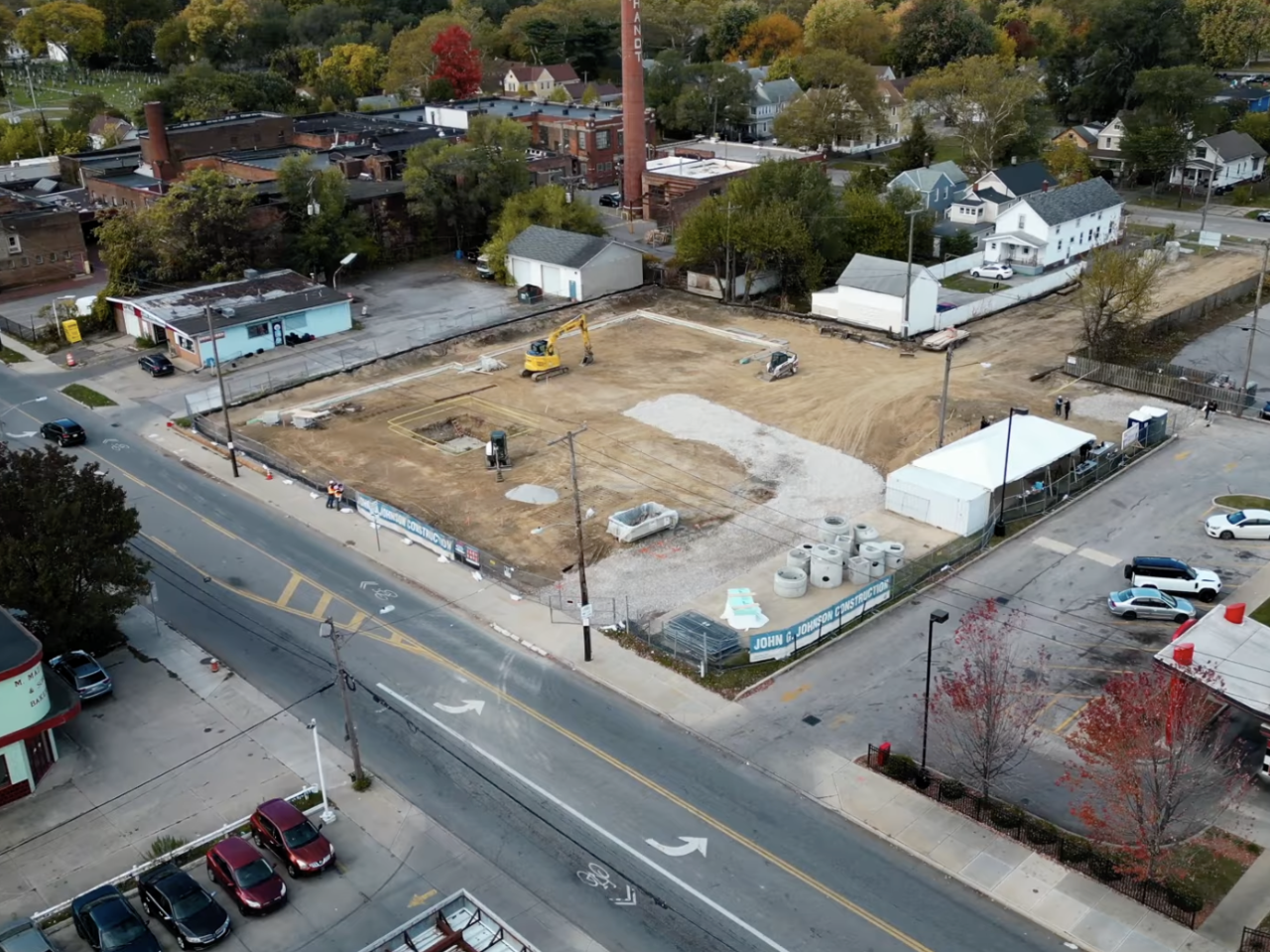 Aerial view of the soon to be developed lot for the Walton Apartments in Cleveland.