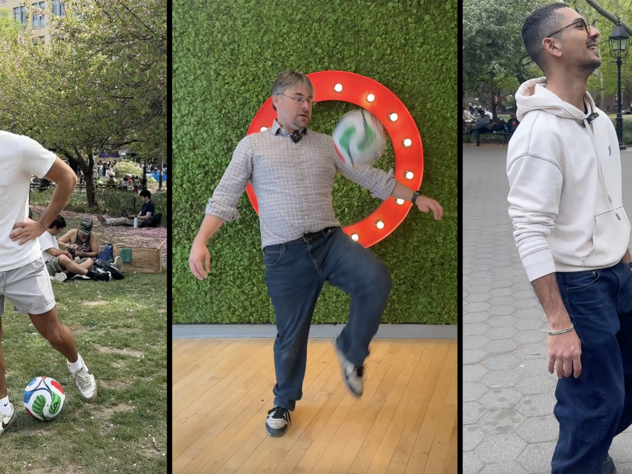 Three images of people playing with a soccer ball