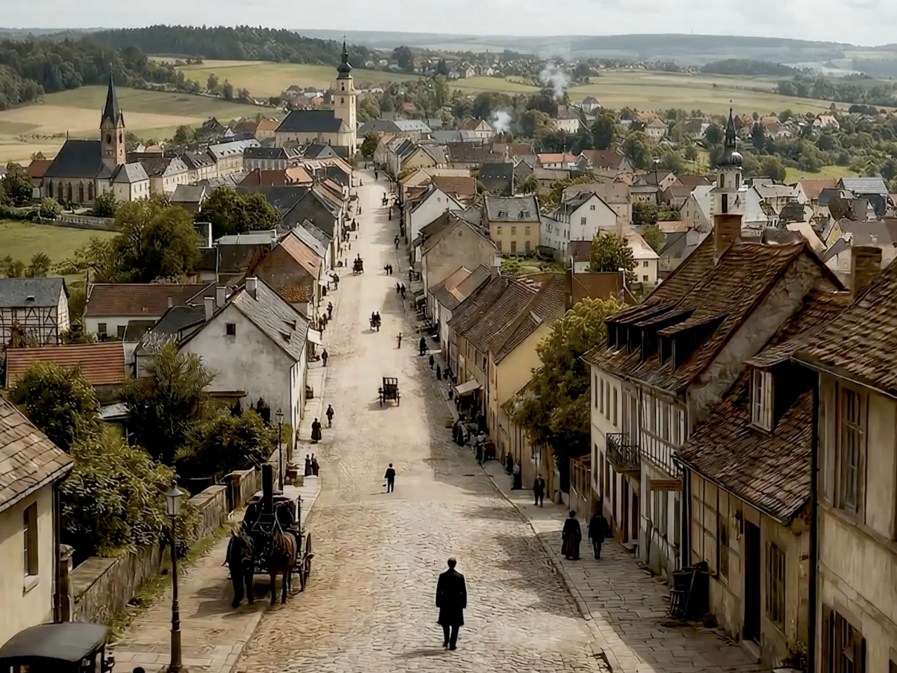 people walking down a village street